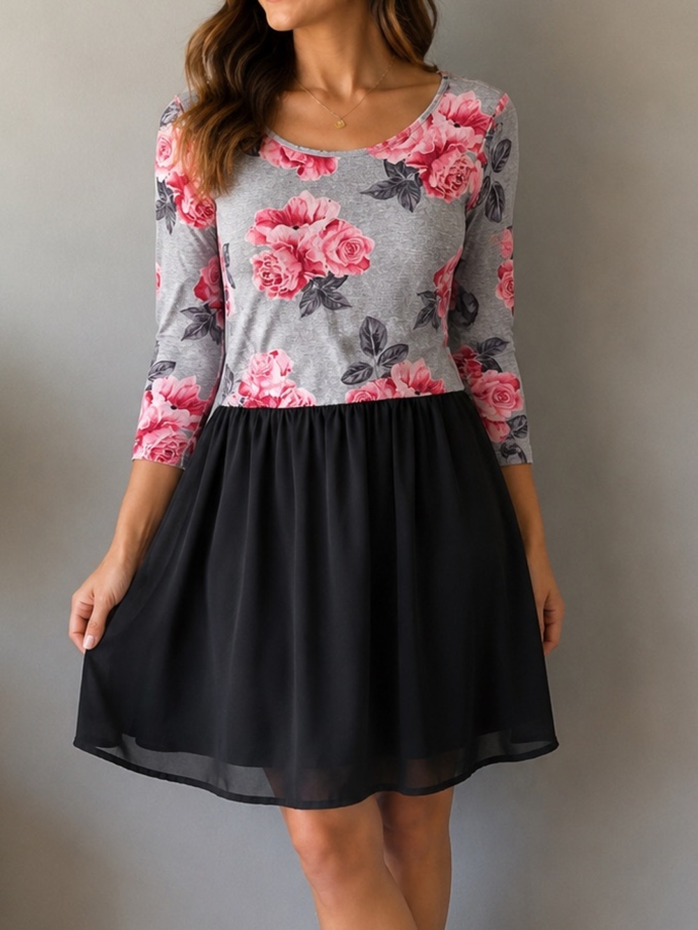 H&M Floral Fit & Flare Dress Gray Pink Roses Size 2